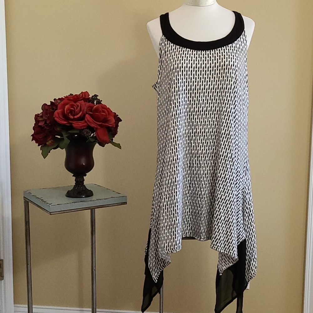 DKNY Sleeveless Dress Asymmetric Hanky Hem Flowy Sheer Accent Black Boat Neck Lg
